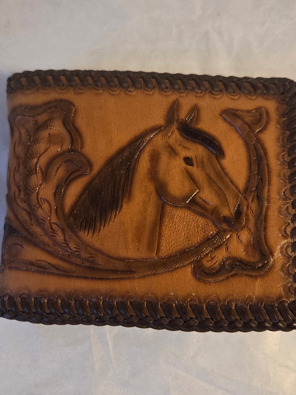 Tan Leather Horse Hand Tooled Wallet Tan Brown Western Cowboy